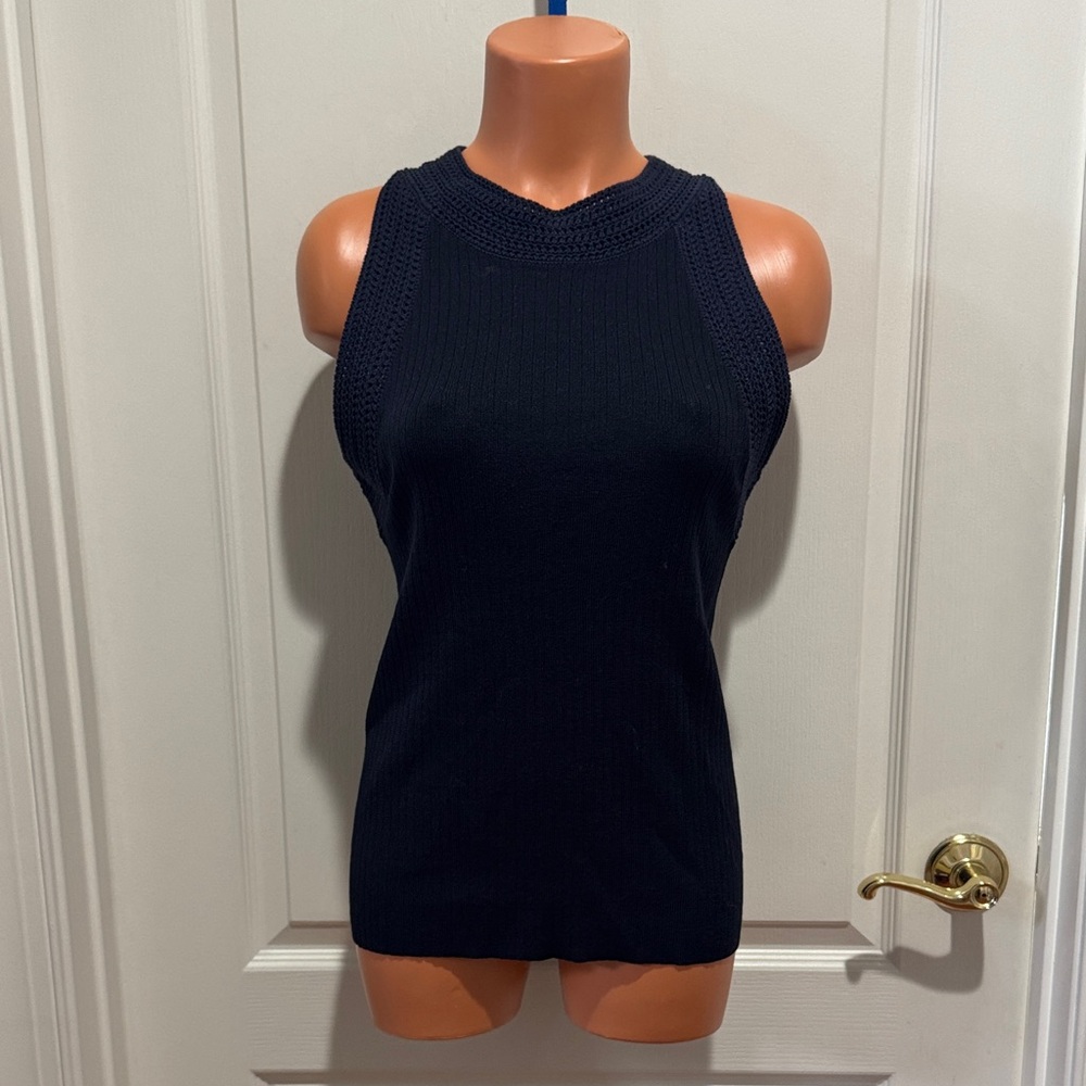 ANN TAYLOR Night Sky Blue Crochet Trim Tank Cut In Shoulders L Large $80 EUC KL